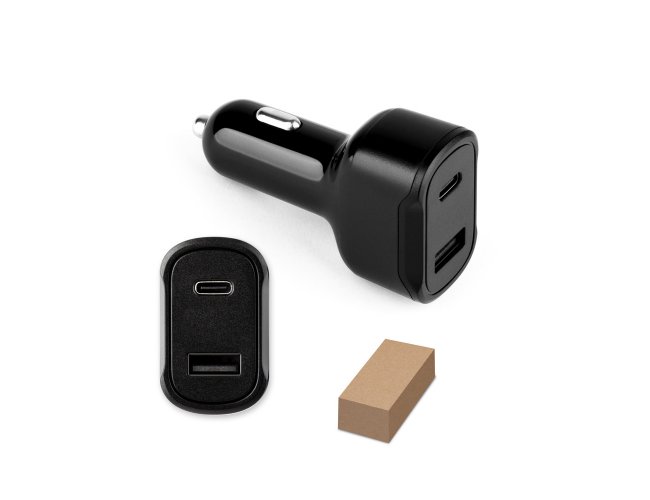 DIRAC. Adaptador de isqueiro com porta USB-A 18W e USB-C 20W em 100% rABS