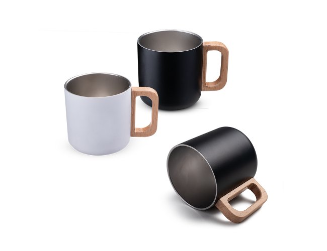 Caneca térmica com alça em madeira